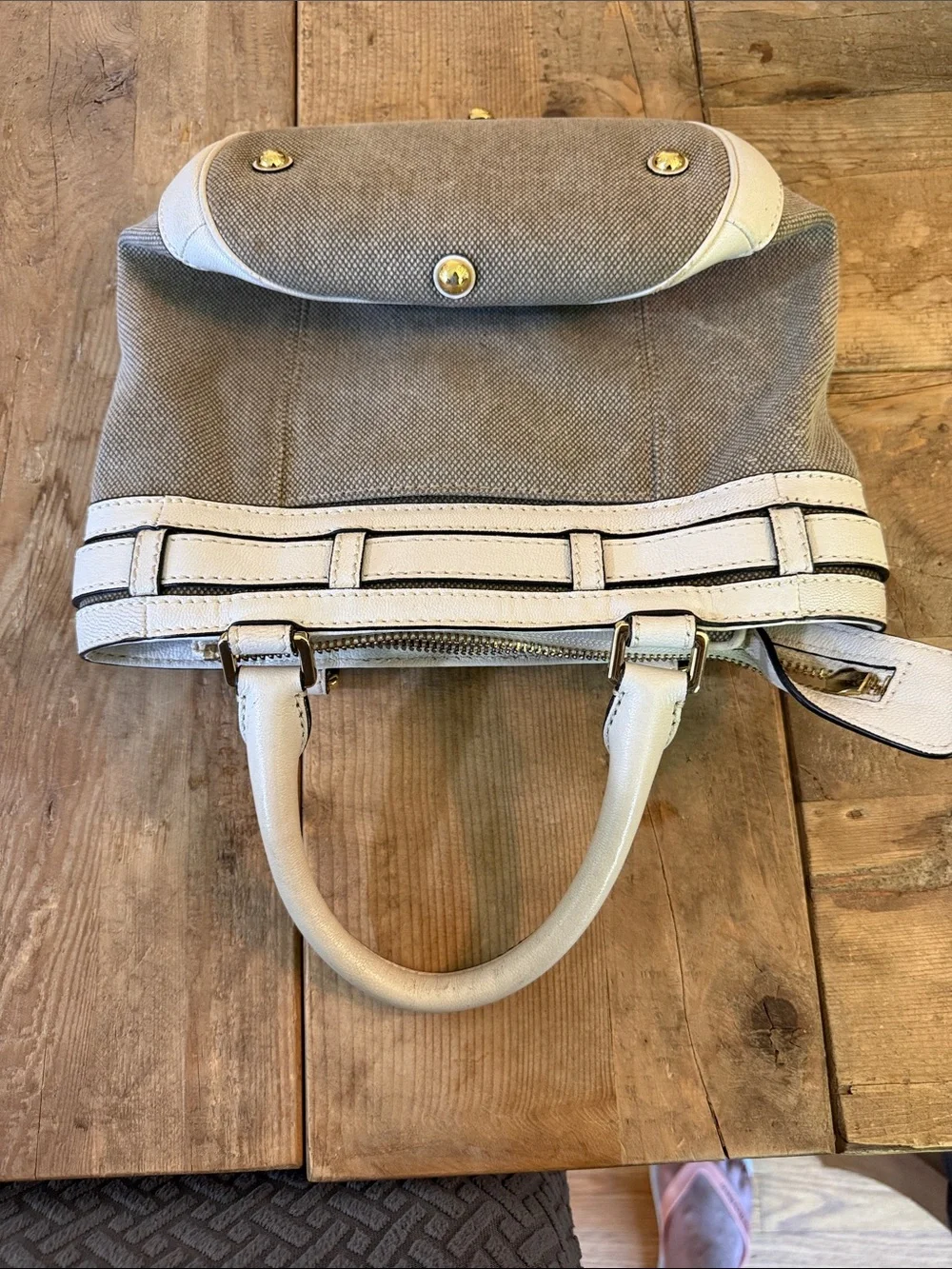 Michael Kors Beige Canvas Shoulder Bag with White Leather Trim